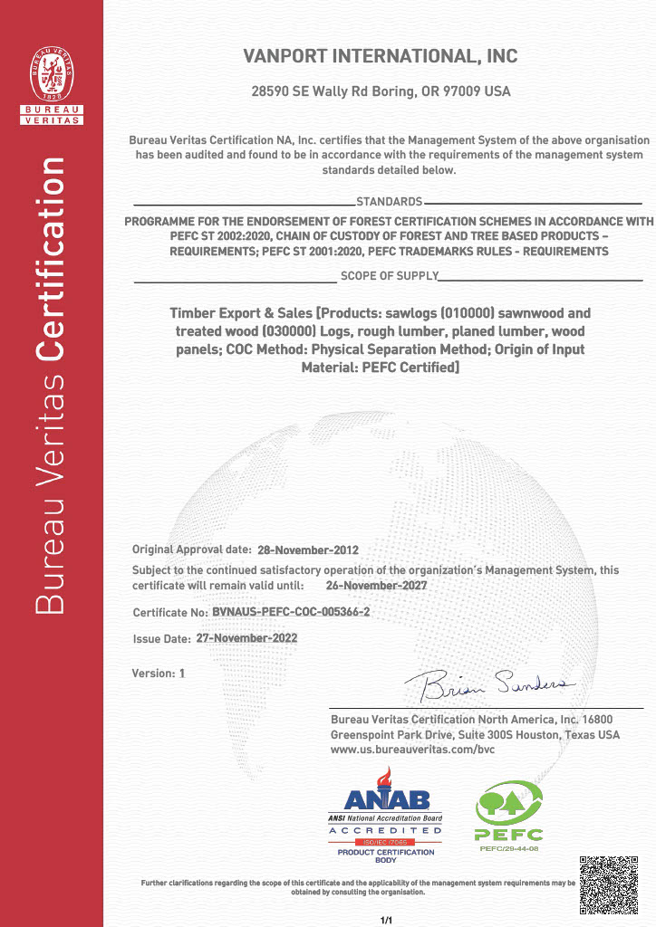 VANPORT INTERNATIONAL INC 13272886 PEFC Final Certificate1024 1